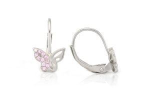 Ezüst gyermek fülbevaló patentzáras pillangó félig köves rózsaszín - Ezüst baba fülbevaló