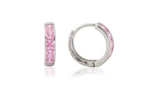 Ezüst fülbevaló bepattintós karika szögletes rózsaszín kövekkel 10mm - 