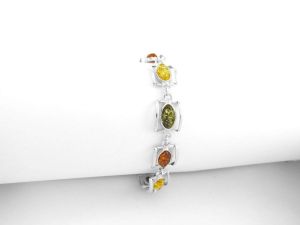 Háromféle borostyánnal díszített, szögletes ezüst karkötő - 